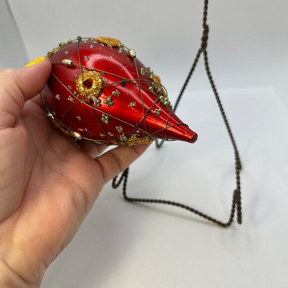 Vintage Red Glass Christmas Ornament Pin and Beaded Sequin Ornament Wire Wrap - Picture 7 of 11